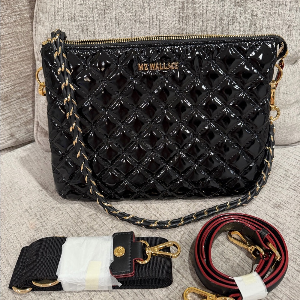 ⭐️ MZ WALLACE Crosby Pippa crossbody  Bag In Black Lacquer/gold NEW  3 straps - Picture 6 of 16